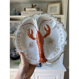 Vintage Lobster Motif Divided Dish Ceramic Round White Floral Gold Edge